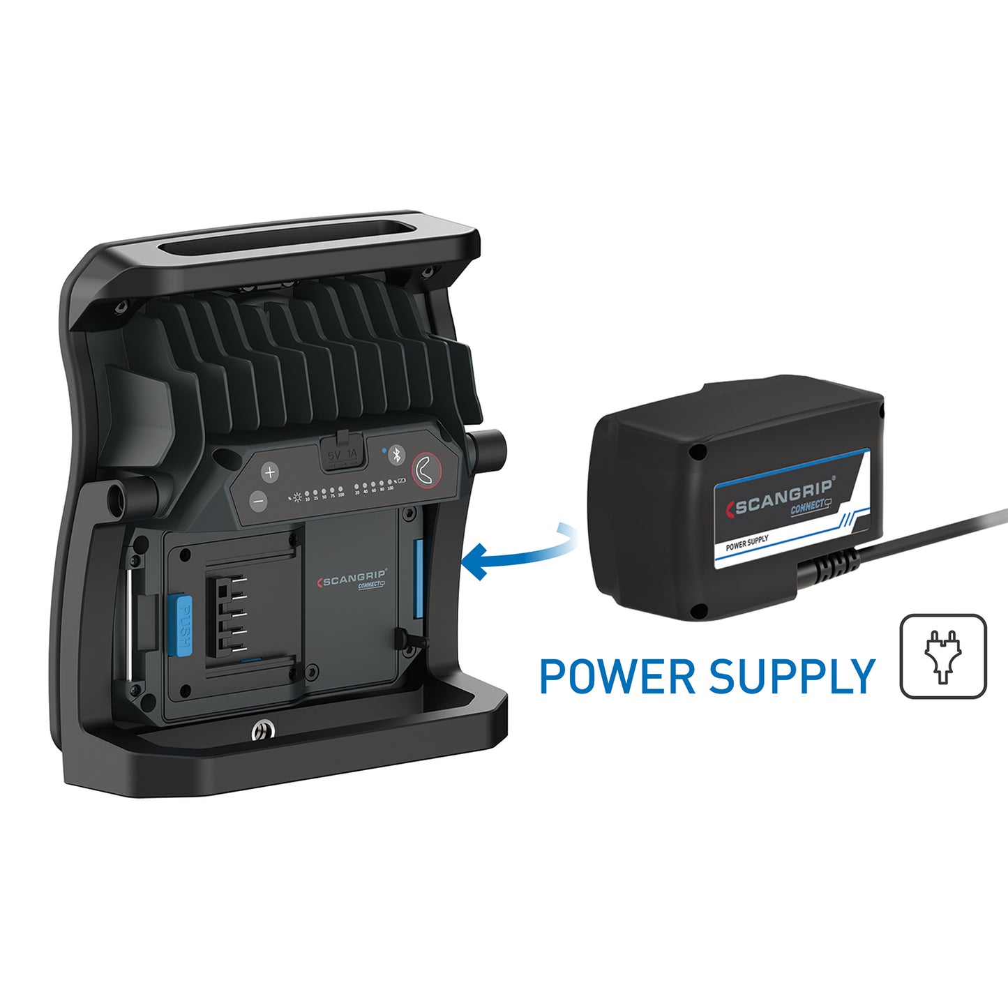 Scangrip Connect work light base featuring a 5V 1A USB output port and battery indicators, shown connecting with a blue arrow to its separate Scangrip Connect power supply unit