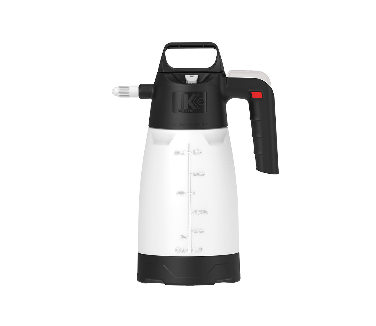 Studio shot of an iK MULTI PRO 2 manual pump sprayer with a white translucent tank, black top and base, red trigger button, and clear volume markings in ounces and liters