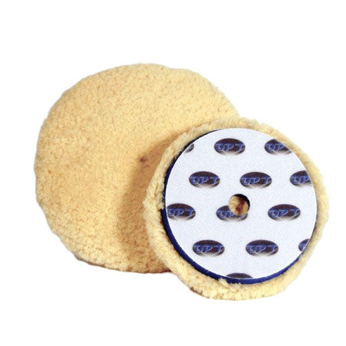 Two round light yellow wool car polishing pads, one revealing its white hook-and-loop backing with repeating blue OPT logos, a central attachment hole, and a thin blue rim