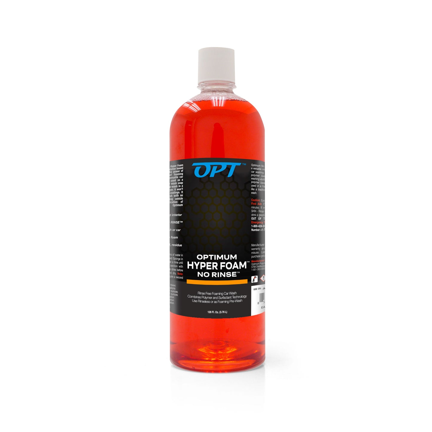 Product photography of a large clear plastic bottle of Optimum Hyper Foam No Rinse car wash with a white cap containing bright orange-red liquid and a black label featuring blue OPT and white Optimum Hyper Foam No Rinse text prominently displayed against a pure white studio background