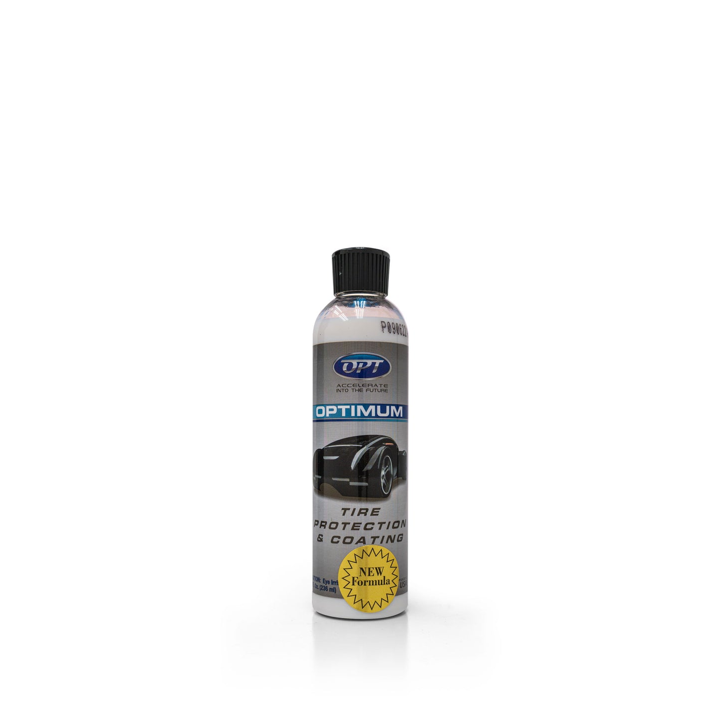 A transparent bottle of Optimum Tire Protection & Coating featuring a black ridged cap, the OPT logo, a sleek black car graphic on its label, and a yellow NEW Formula starburst