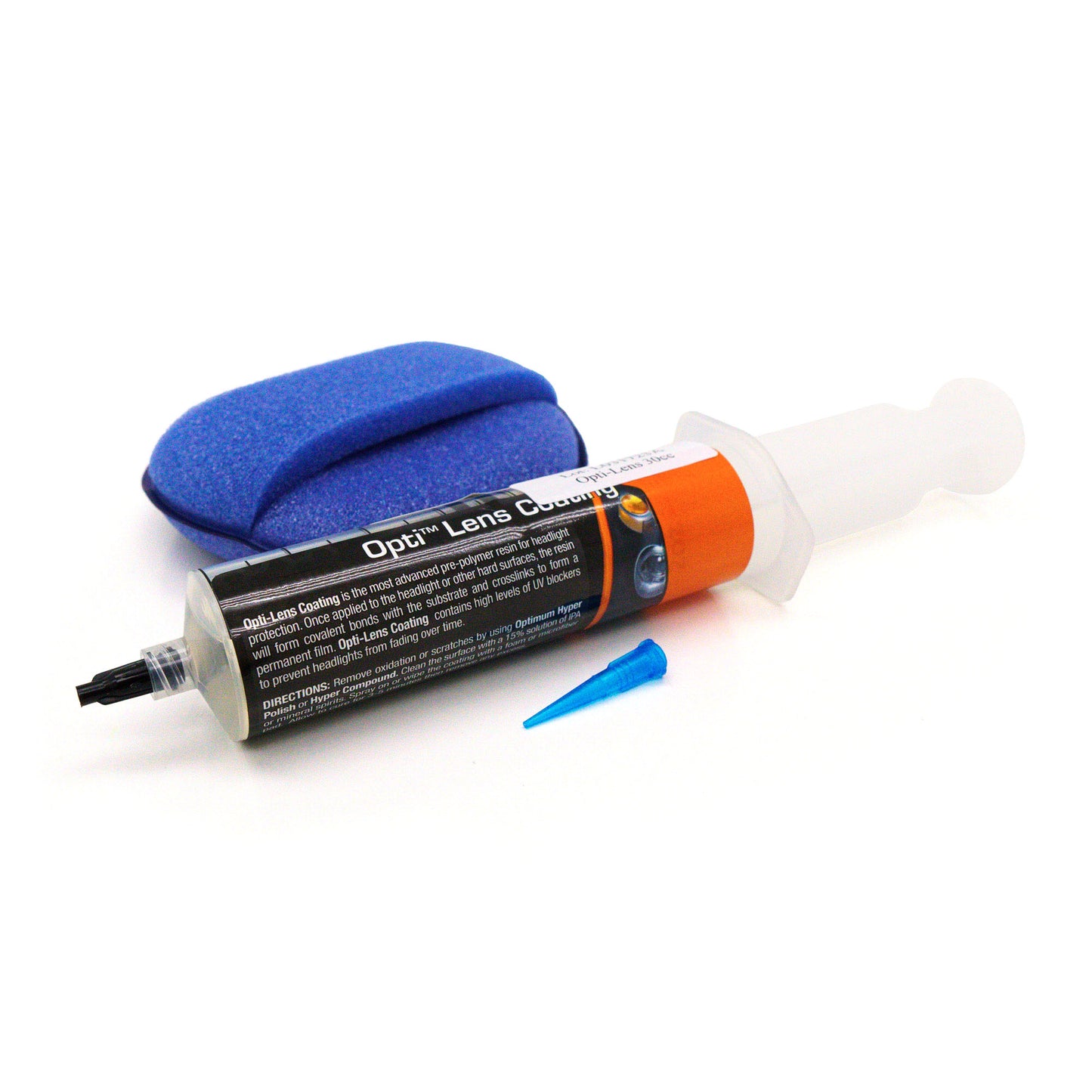 Product photography of an Opti-Lens Coating kit featuring a black and orange syringe dispenser, a vibrant blue applicator pad, and a small blue precision tip on a clean white background