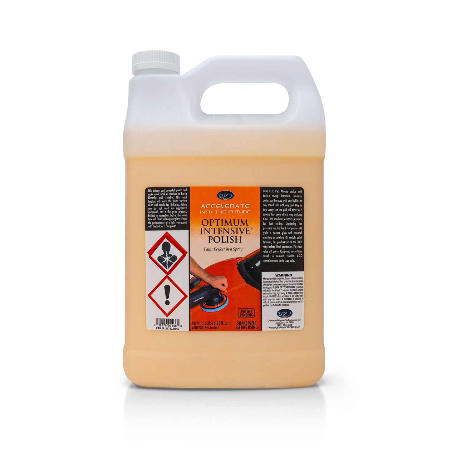 Product Photography by Optimum Polymer Technologies of a translucent white gallon jug of Optimum Intensive Polish filled with light peach-colored liquid on a clean white background, featuring its prominent label with an image of a hand polishing an orange car, hazard symbols, and the slogan "Paint Perfect in a Spray"