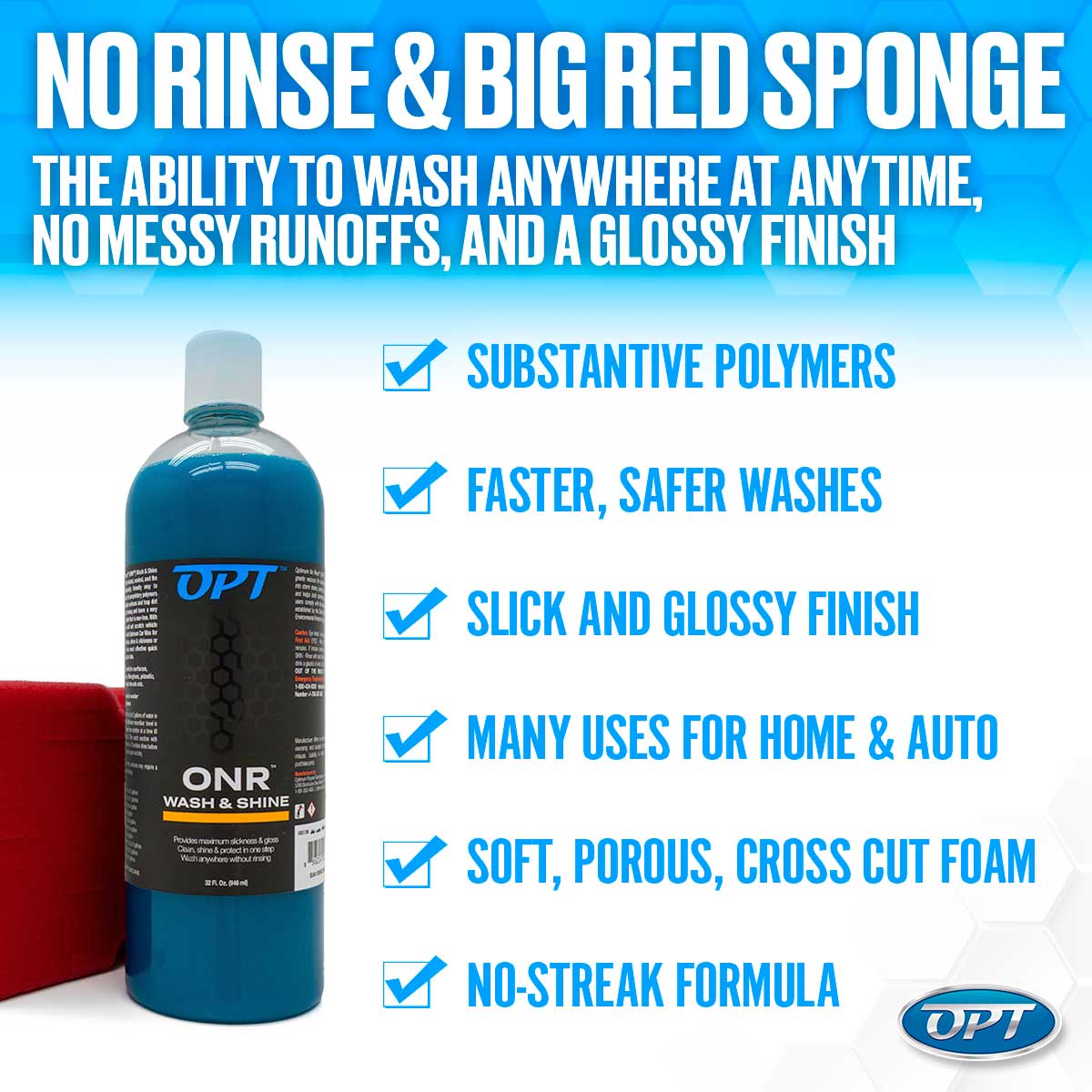 Optimum No Rinse Wash & Shine Version 6 Rinseless Car Wash 32 oz. & Big Red Sponge