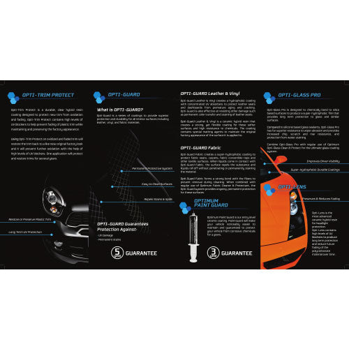 A promotional infographic for Opti-Guard car protection products against a black background with blue hexagonal logos, featuring the front of a black Mini Cooper on the left and a bright orange sports car on the right with a syringe-like Optimum Paint Guard dispenser in the center