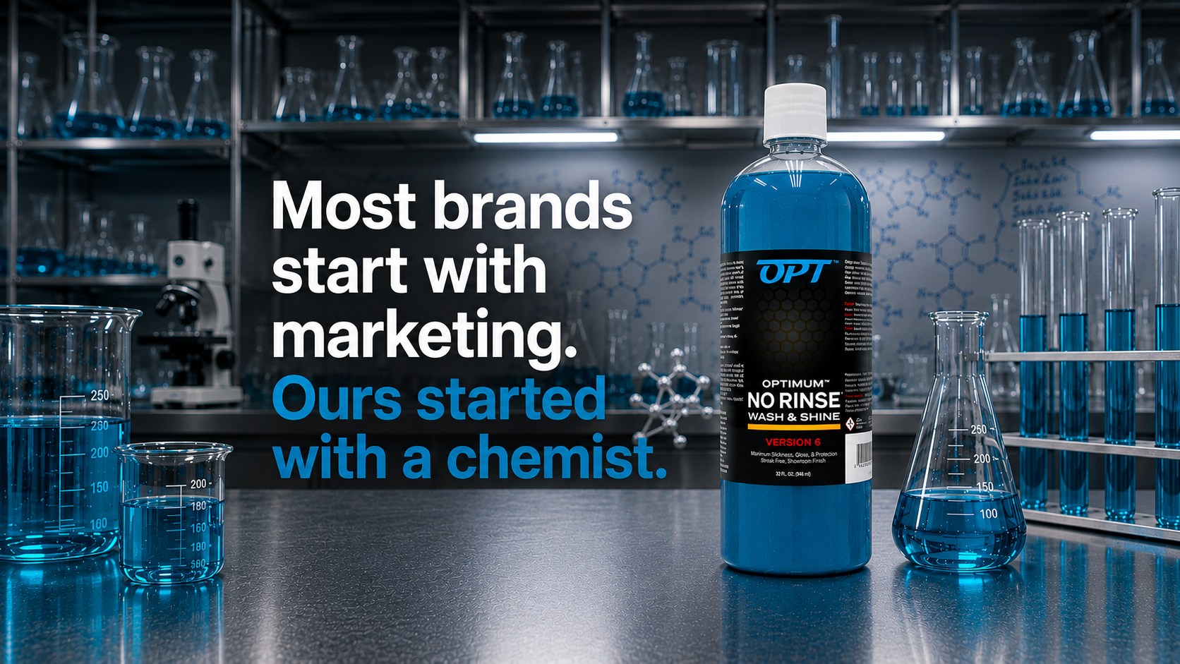 Bottle of OPT product on a laboratory counter with text about marketing and chemistry.