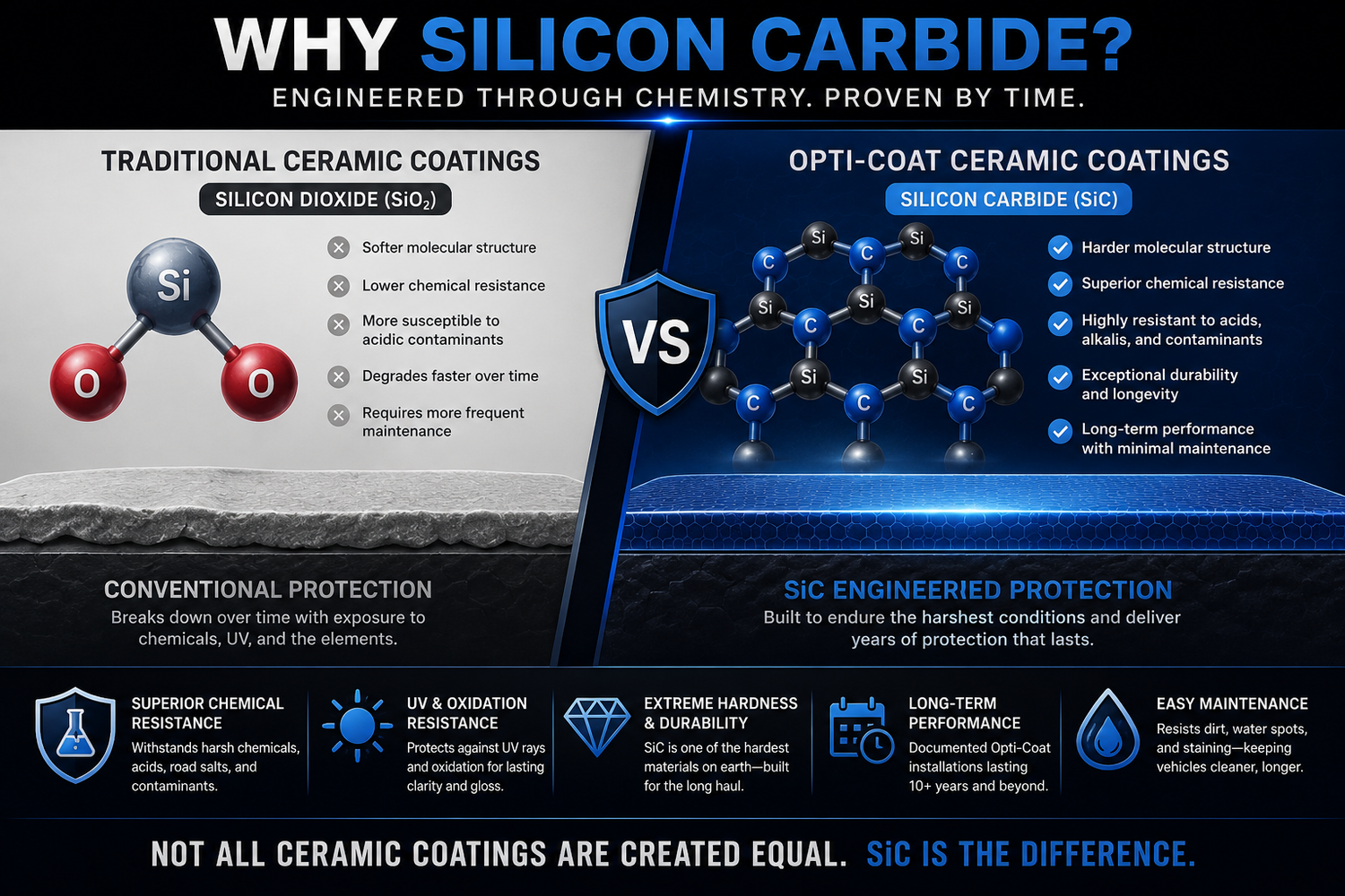 Comparison chart between traditional ceramic coatings and Opti-Coat ceramic coatings with silicon carbide, highlighting benefits of silicon carbide.